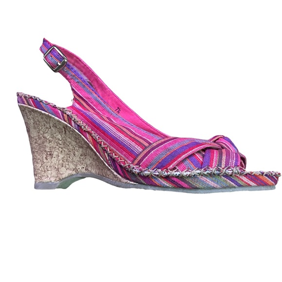 Seychelles Pink Stripped Canvas Bo Peep Toe Slingback Cork Wedges Women Size 7.5 - Picture 4 of 14